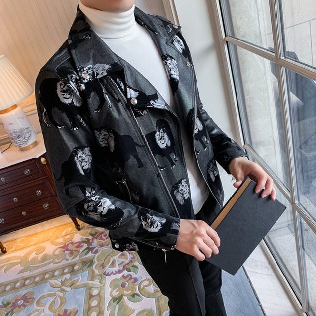 Veste en similicuir pour hommes avec motif de lion et revers à glissière