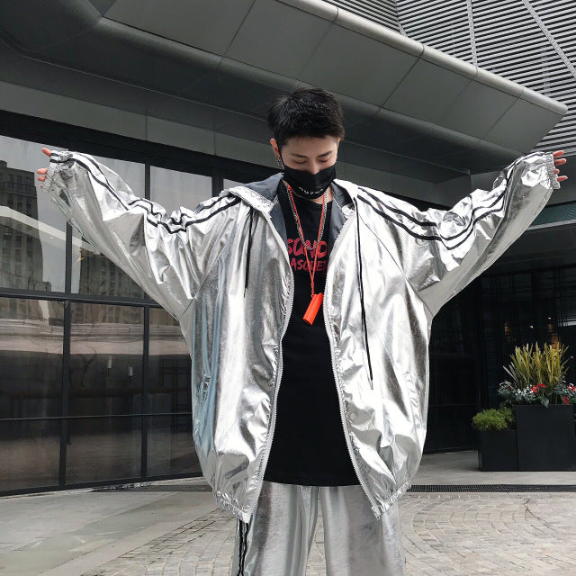 Golden Silver Casual Loose Streetwear Hip Hop Hooded Men Jacket