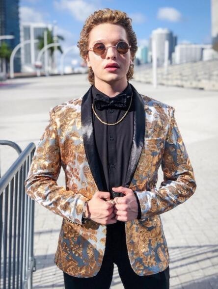 Shawl Lapel Velvet Gold Flowers Sequins Stage Singer Clothes Men Blazer