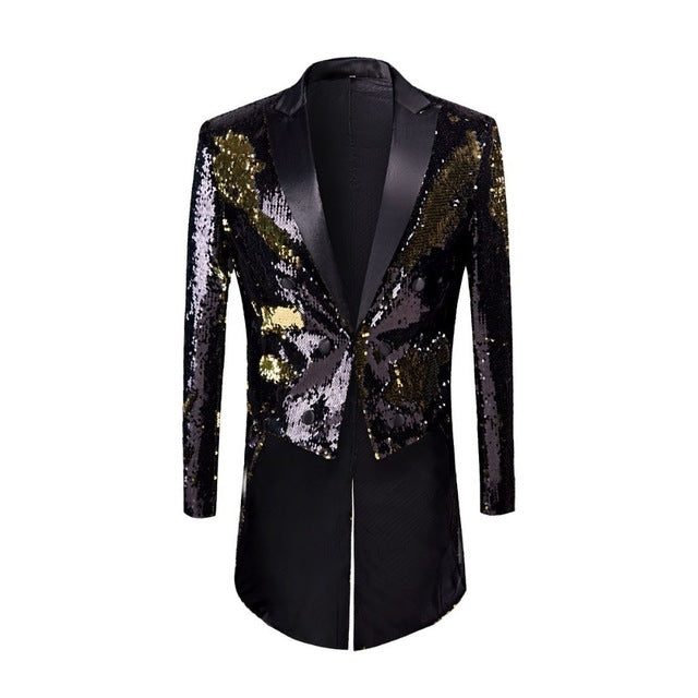 Gold Black Glamour Sequins Tuxedo Style Men Costume Blazer