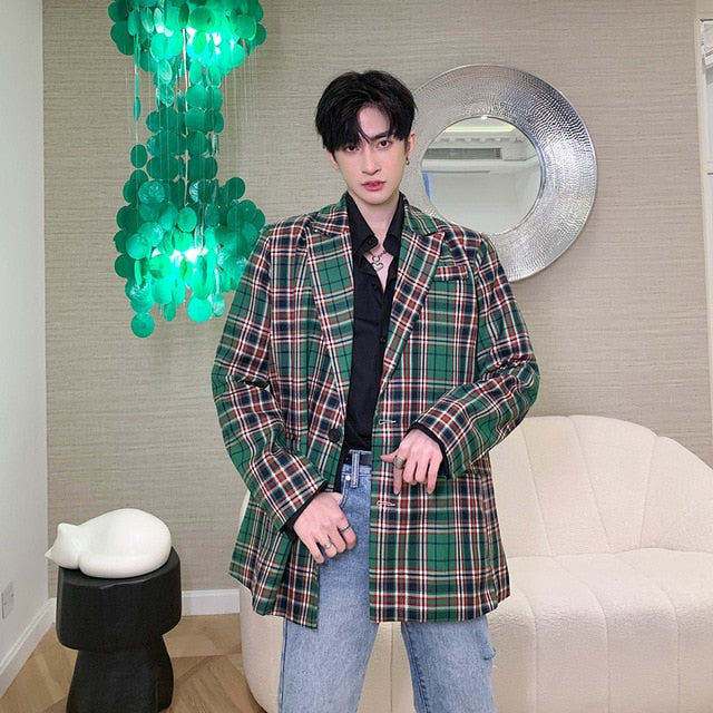 Blazer long à carreaux vert pour homme