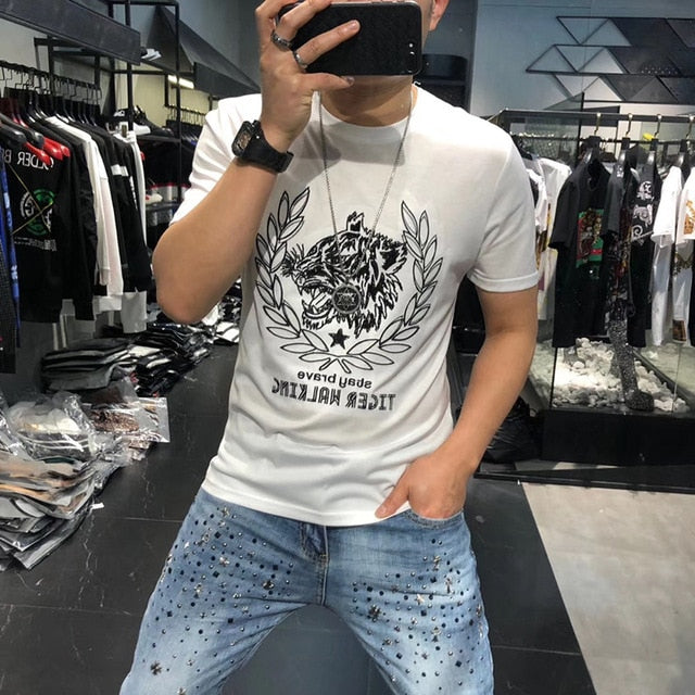 Tiger Head Mixed Print Sequin Men T-Shirt