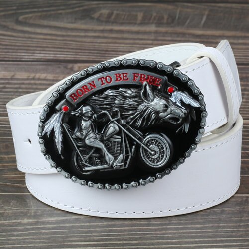 Biker and Wolf Buckle Faux Leather Belt