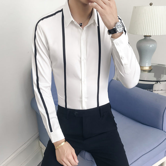 Camisa de hombre de estilo casual de corte slim de manga larga con rayas sólidas