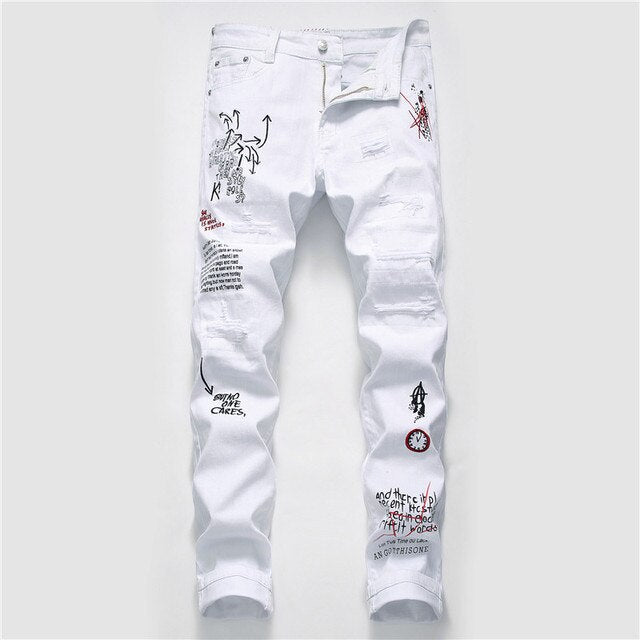 Printed Ripped White Skinny Jeans
