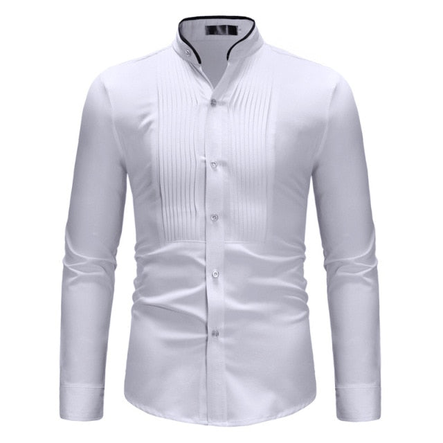 Plain Color Lines Decorated Mandarin Collar Shirt