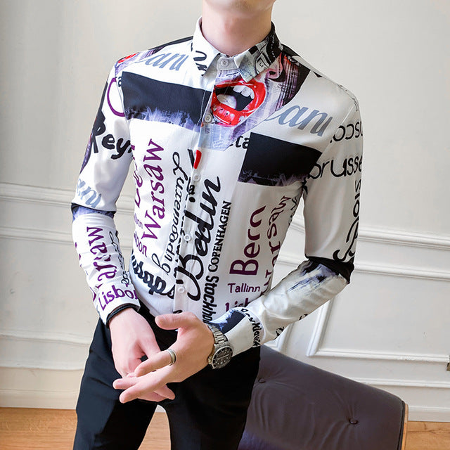 Letter Print Casual Slim Fit Men Long Sleeves Shirts