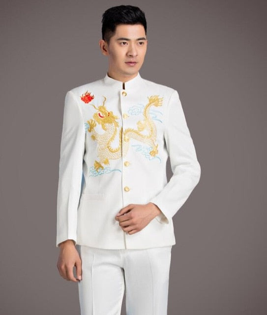 Men Chinese Style with Dragon Embroidery Set Men Blazer and Pants