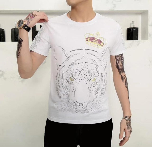 Crowned Tiger Rhinestones Monochrome Men T-Shirt