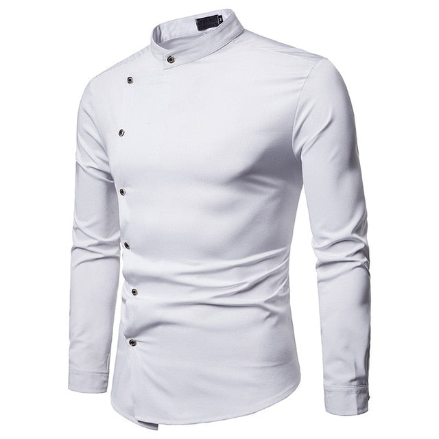 Camisa de manga larga para hombre estilo cuello mandarín con botones oblicuos en blanco sólido y negro
