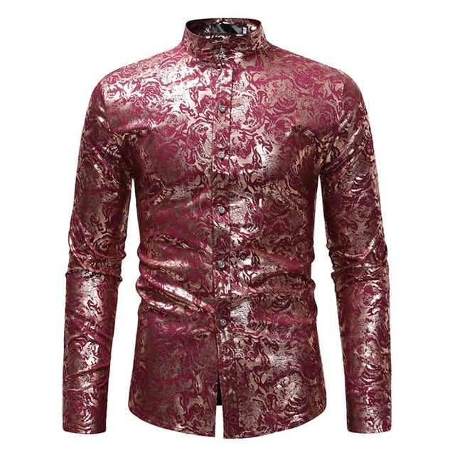 Chemise à manches longues dorée à fleurs bronzantes pour hommes