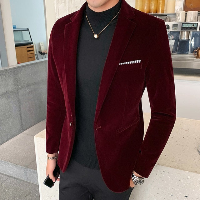 Single Button Solid Color Men Velvet Blazer
