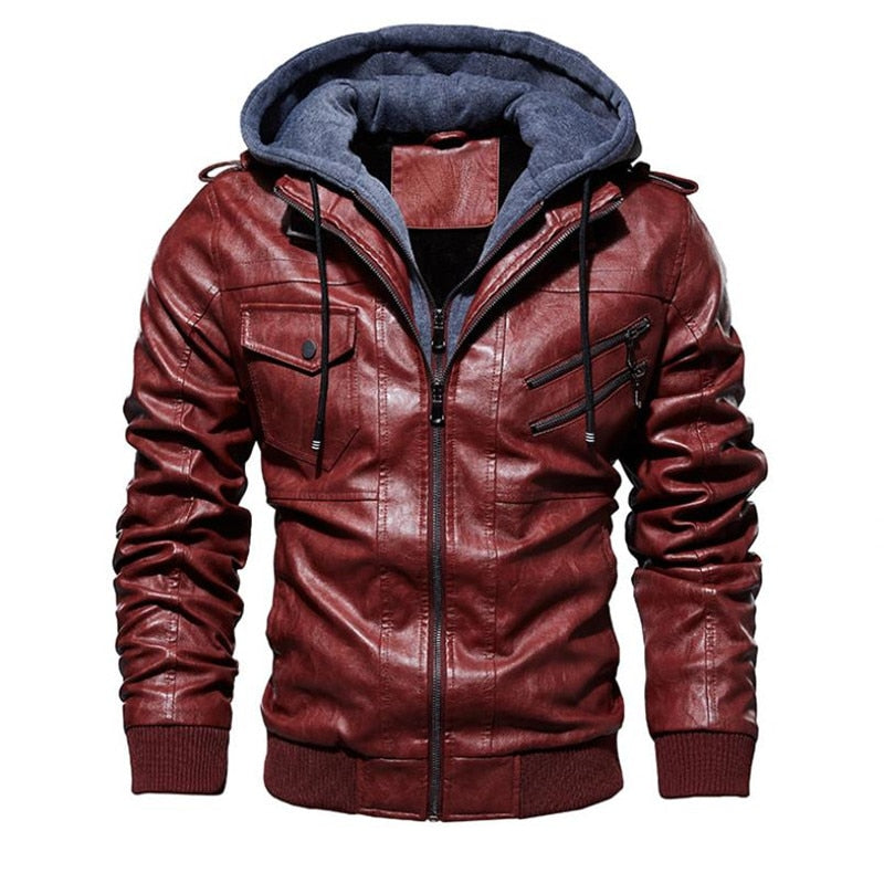 PU Leather Solid Color Zipper Closure Hoodie
