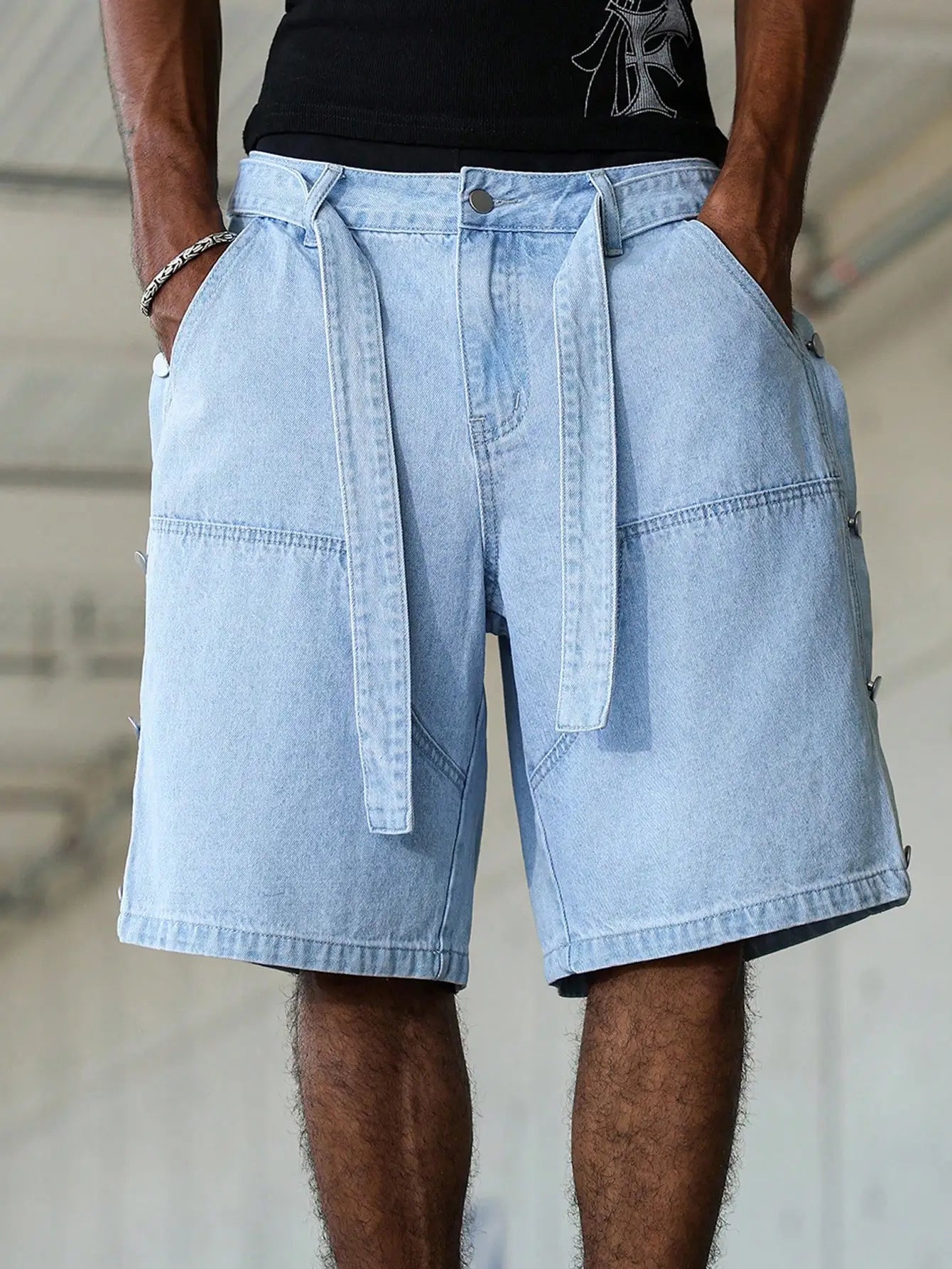 Side-Button Loose Denim Shorts