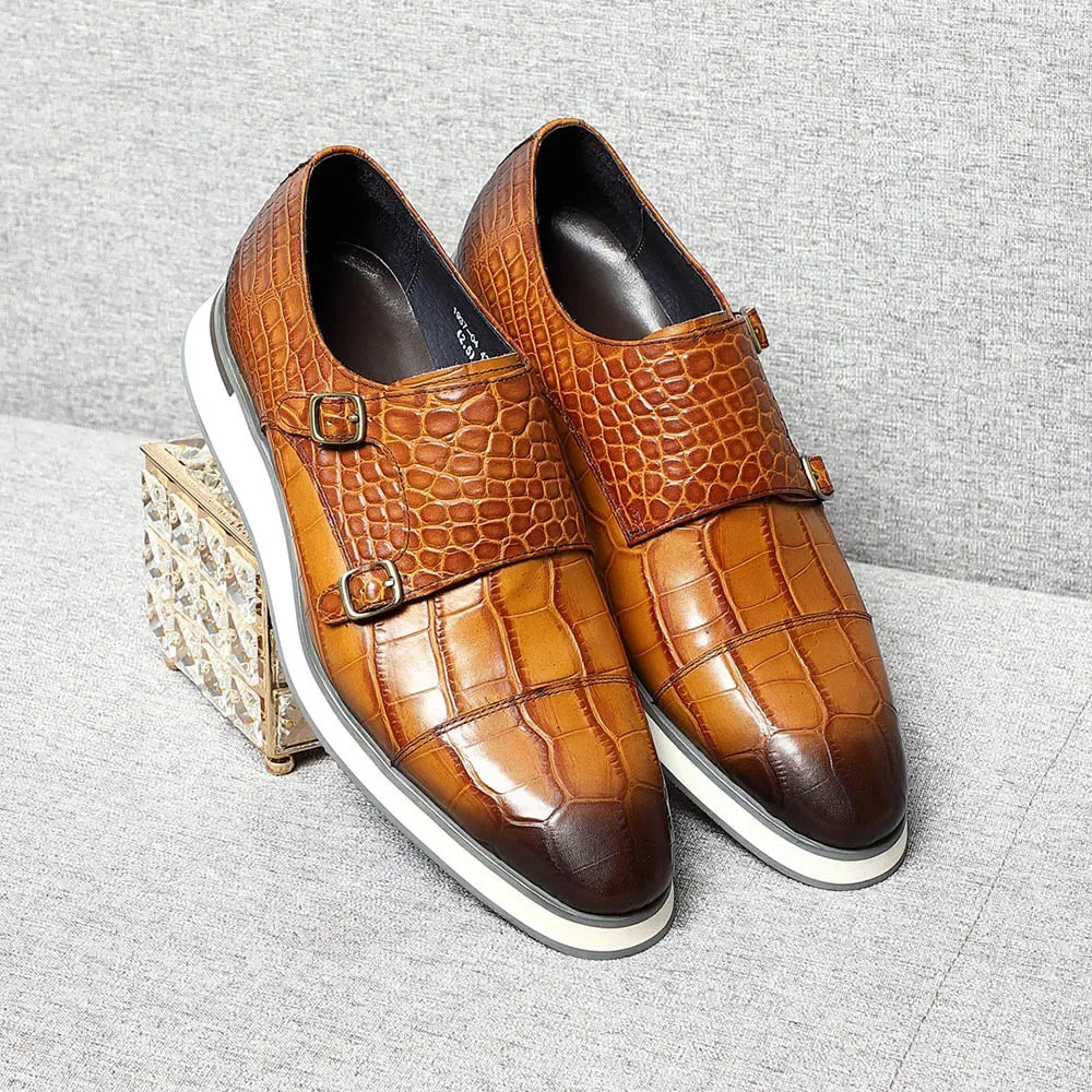 Classic Crocodile Pattern Double Monk Shoes