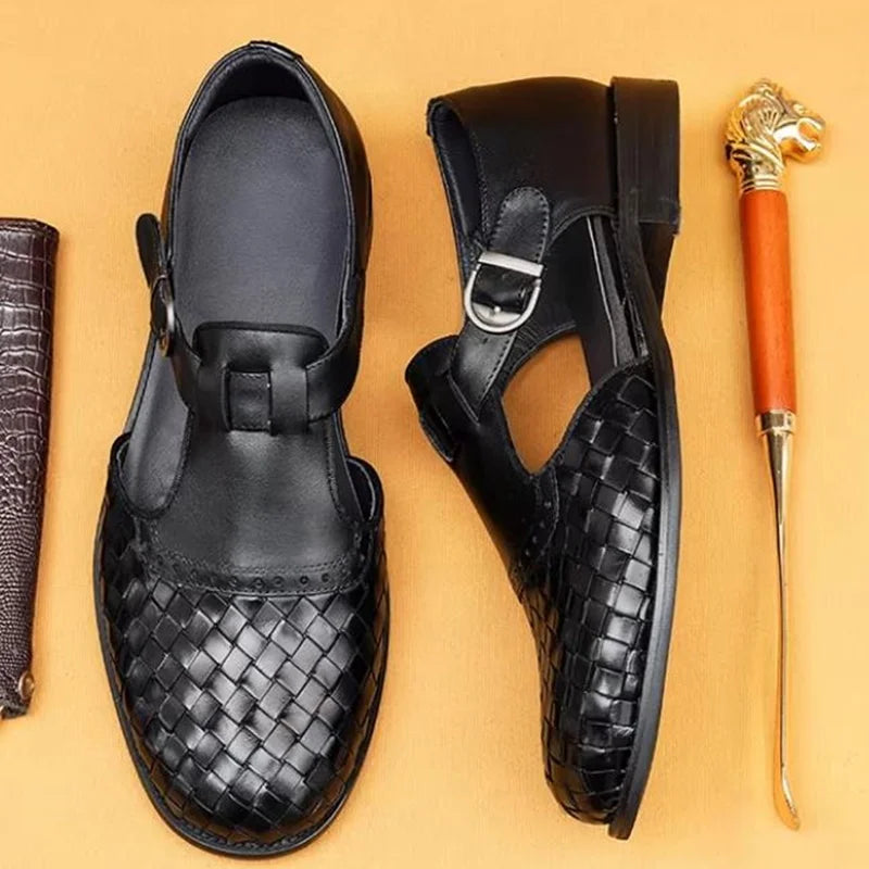 Retro Woven Pattern Leather Shoes