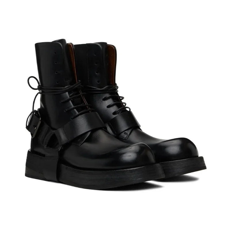 Black Leather Strap Buckle Lace-Up Boots
