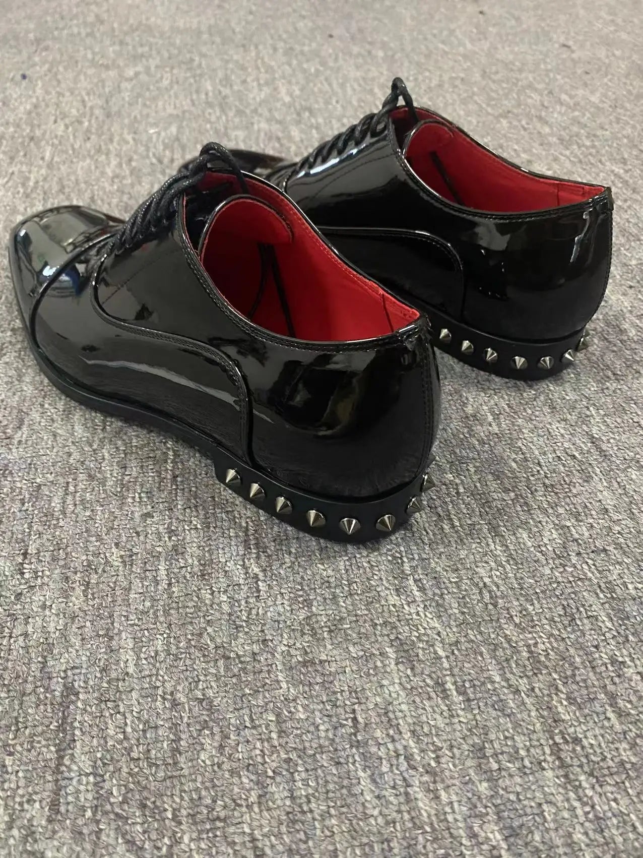 Shiny Black Genuine Leather Rivet Shoes