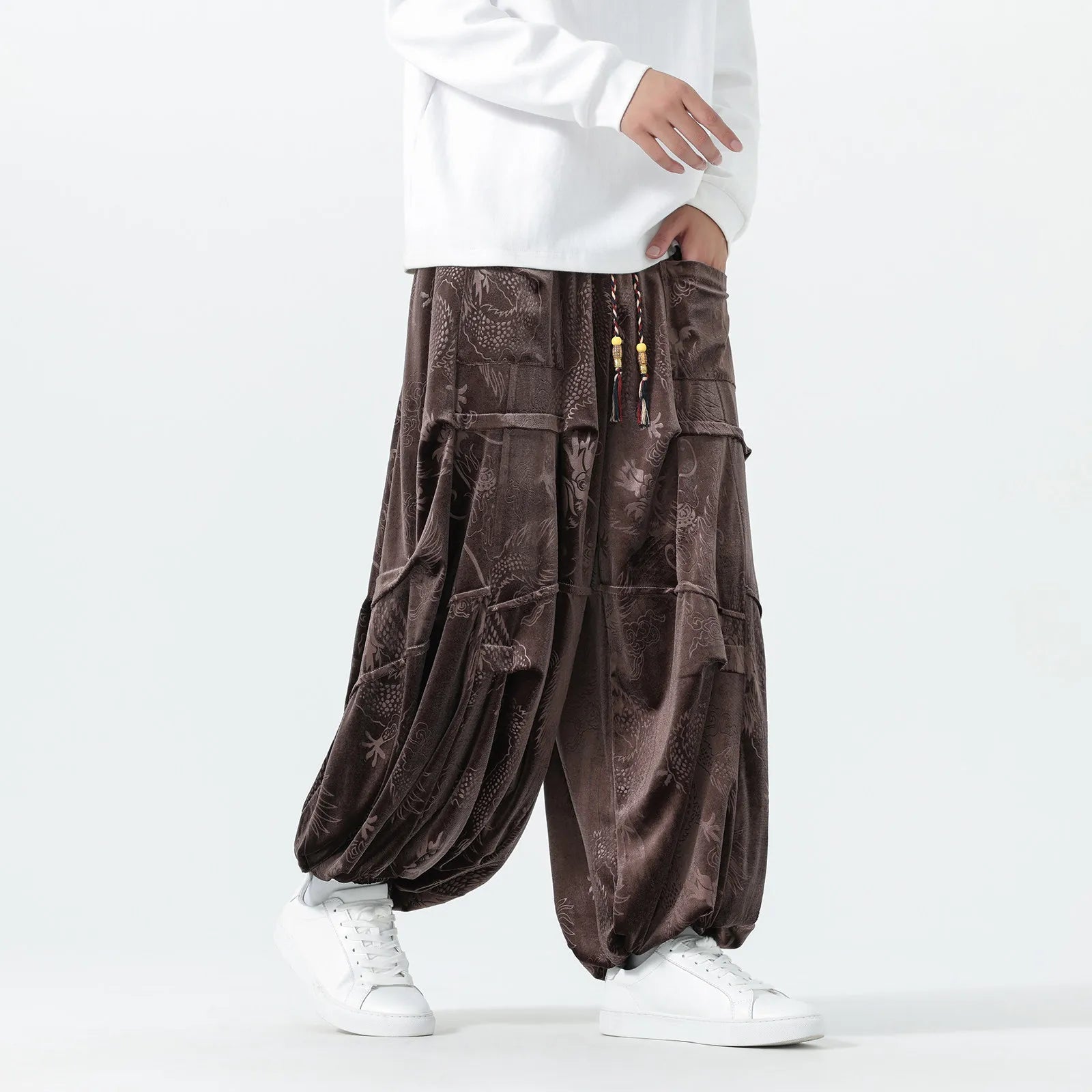 Velvet Dragon Print Loose Pants