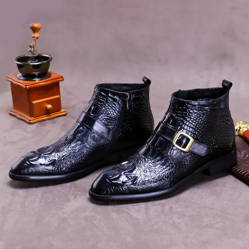Vintage Croc Pattern Monk Strap Boots