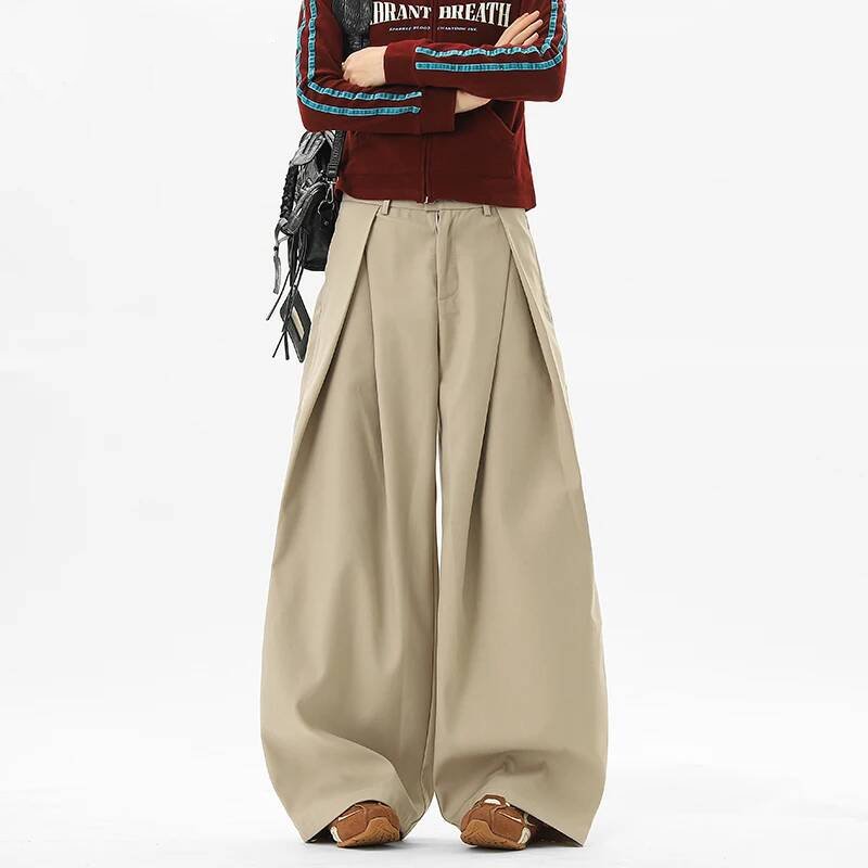 Solid Pleated Wide-Leg Loose Trousers