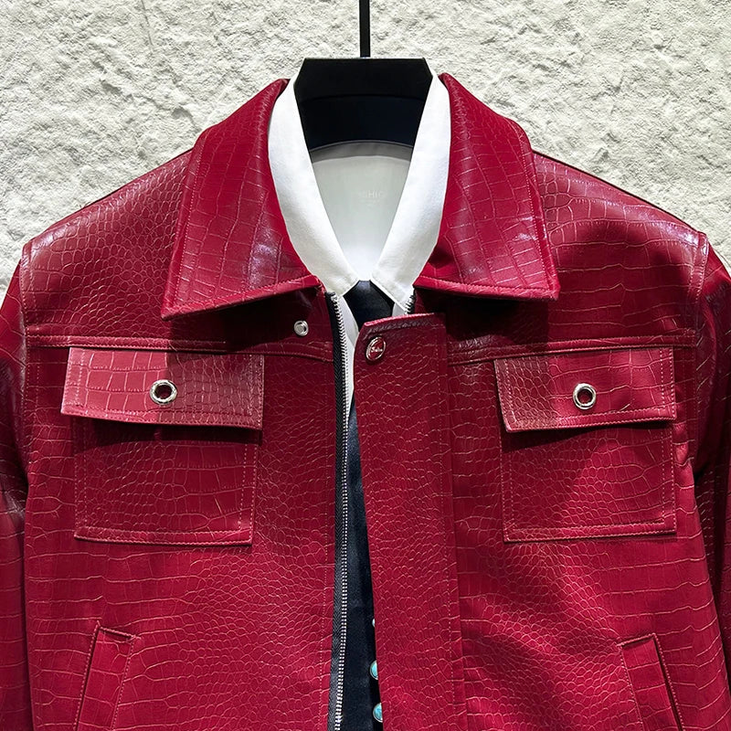 Metal Splicing Crocodile Leather Jacket