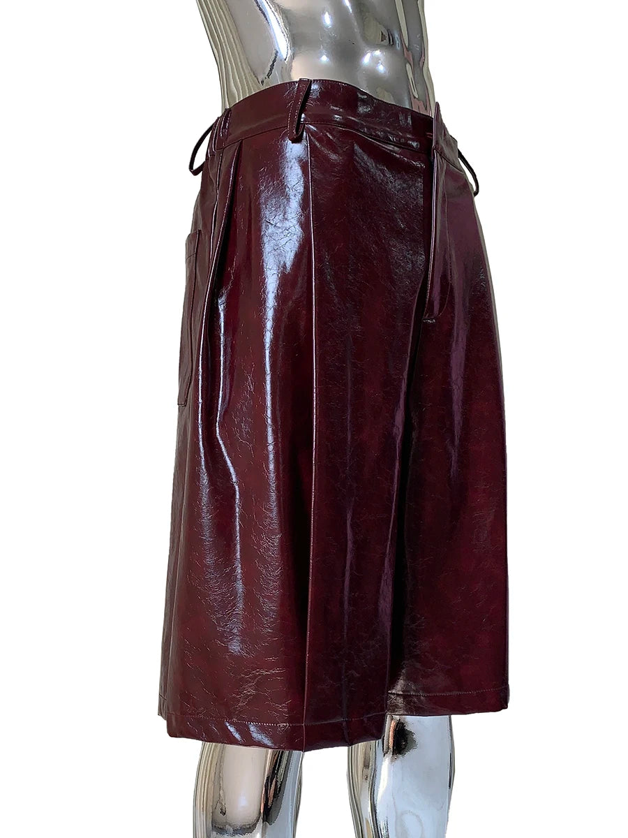 Shiny Burgundy Leather Straight Shorts