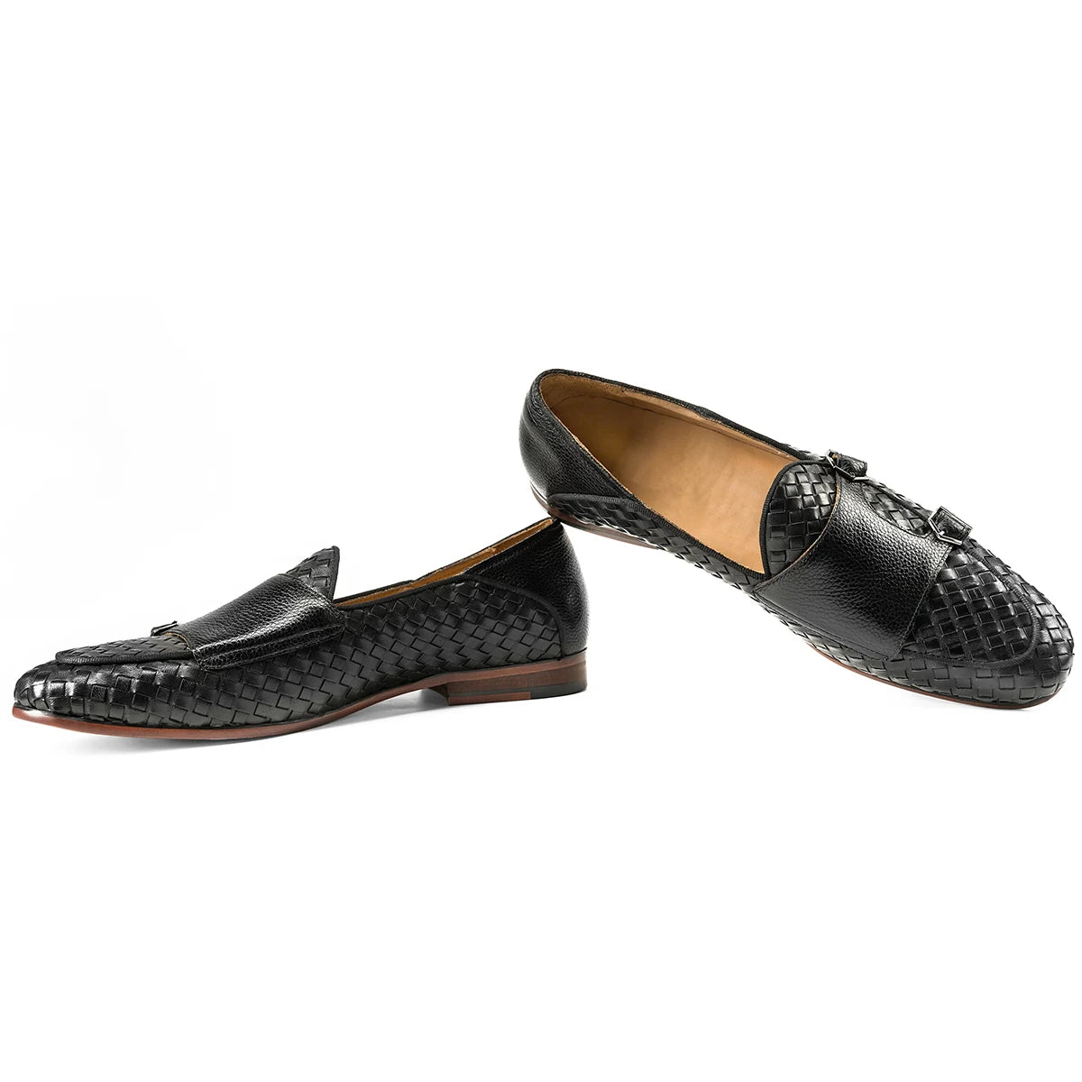 Black Woven Leather Monk Strap Shoes