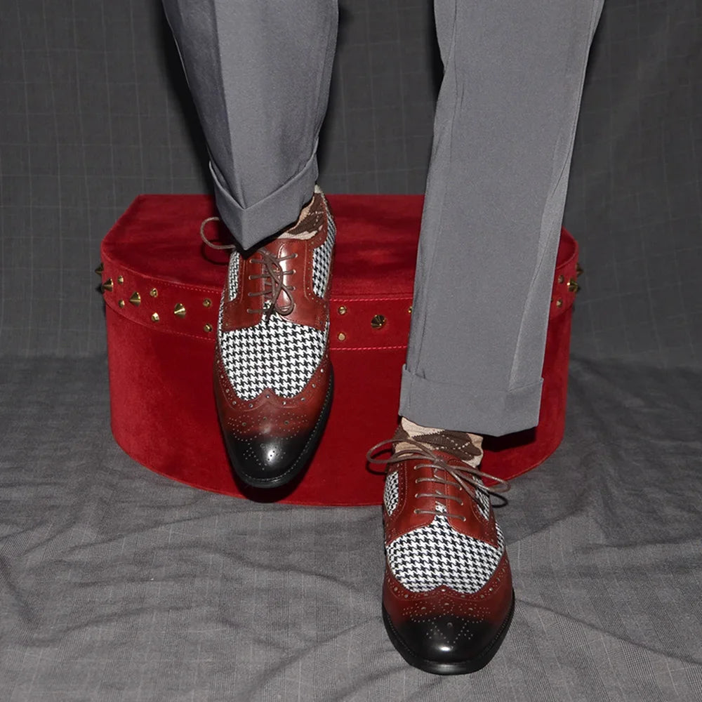 Patchwork Houndstooth Leather Brogue Shoes