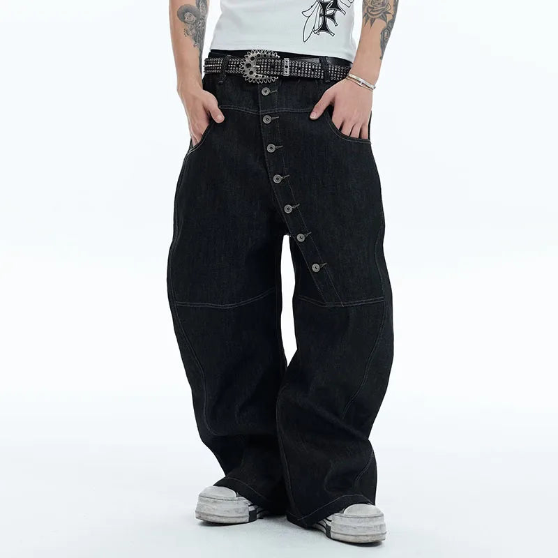 Button Curved Loose Straight Jeans