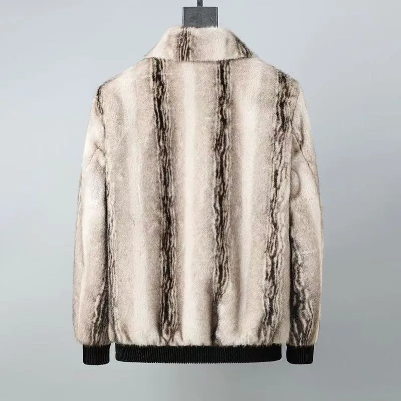 Fluffy Stripe Turn-down Collar Jacket
