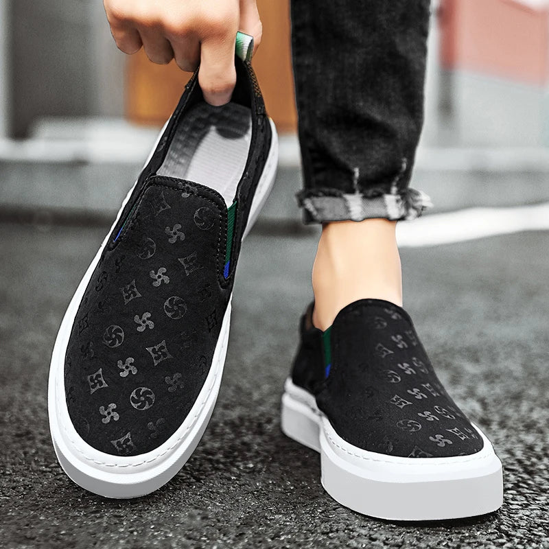 Black Geometric Pattern Slip-On Sneakers