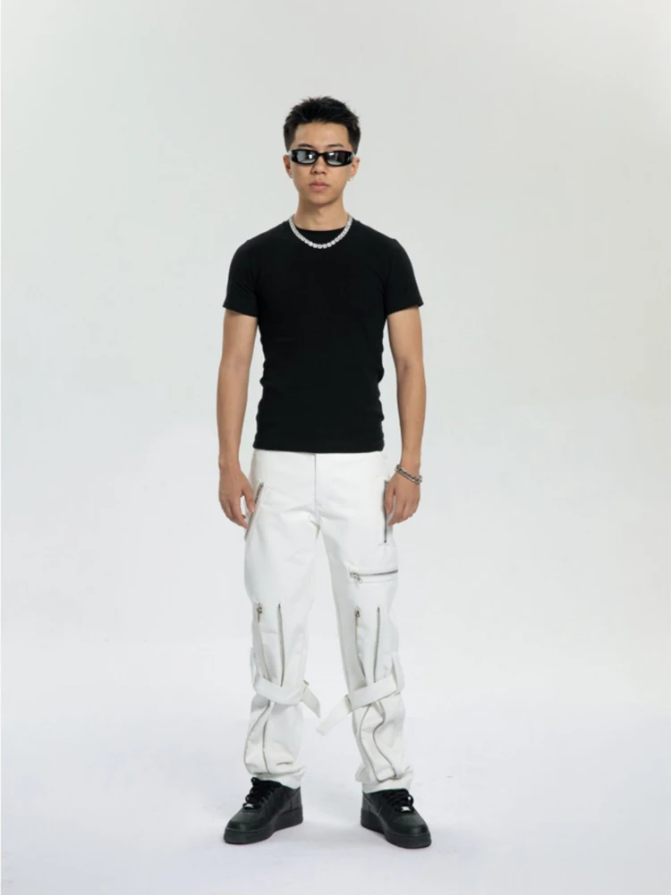 Multi-Zippers Belt Leather Pants