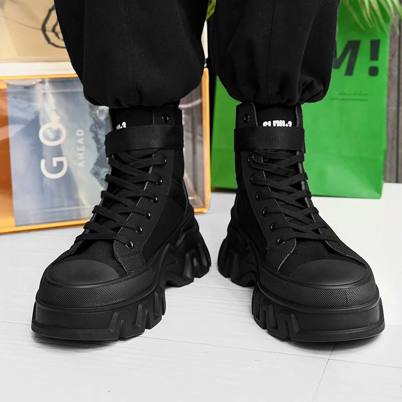 Platform Black Fabric Mid-Calf Boots