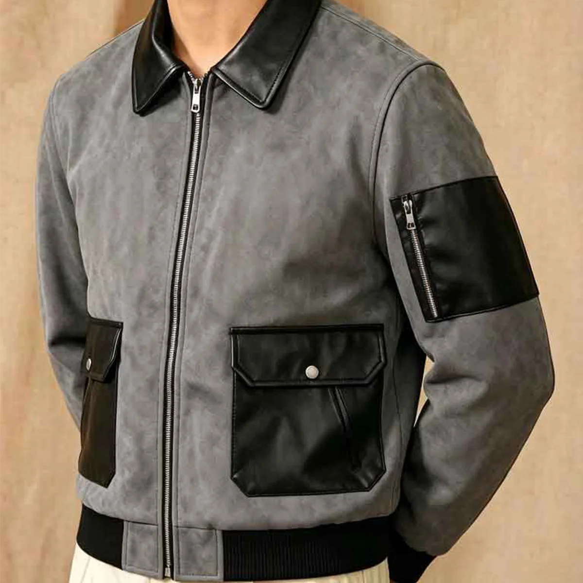 Leather Rib Collar Patchwork Bomber Jacket