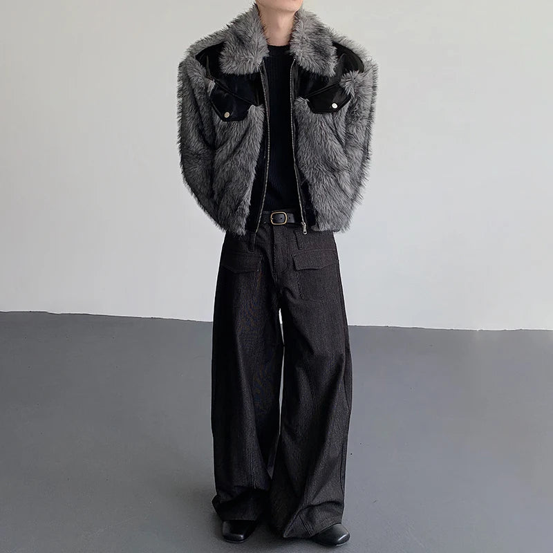 Grey Patchwork Design Faux Fur Jacket