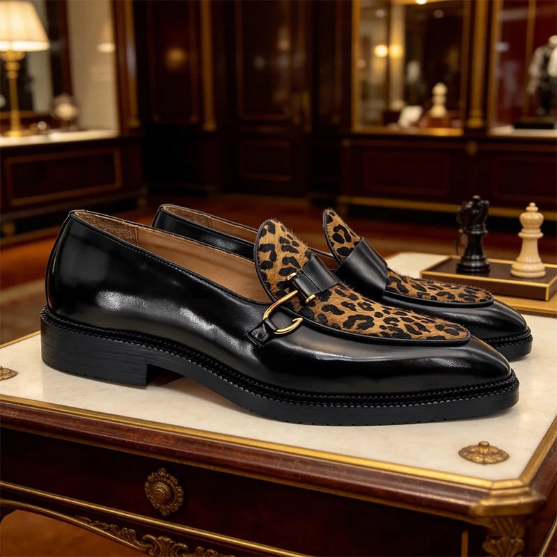 Metal Button Leopard Pattern Loafers