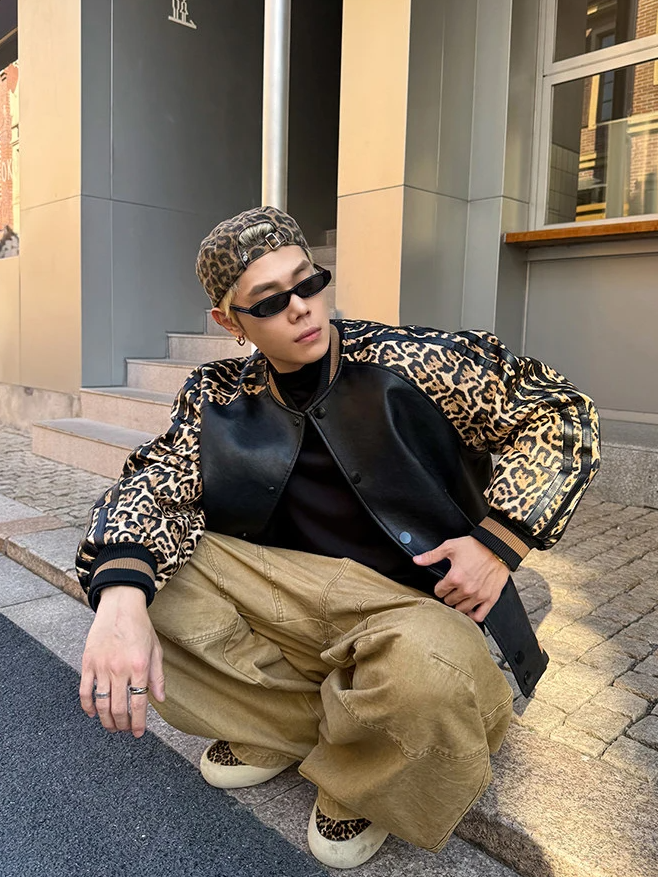 Leopard Patchwork Leather Bomber Jacket