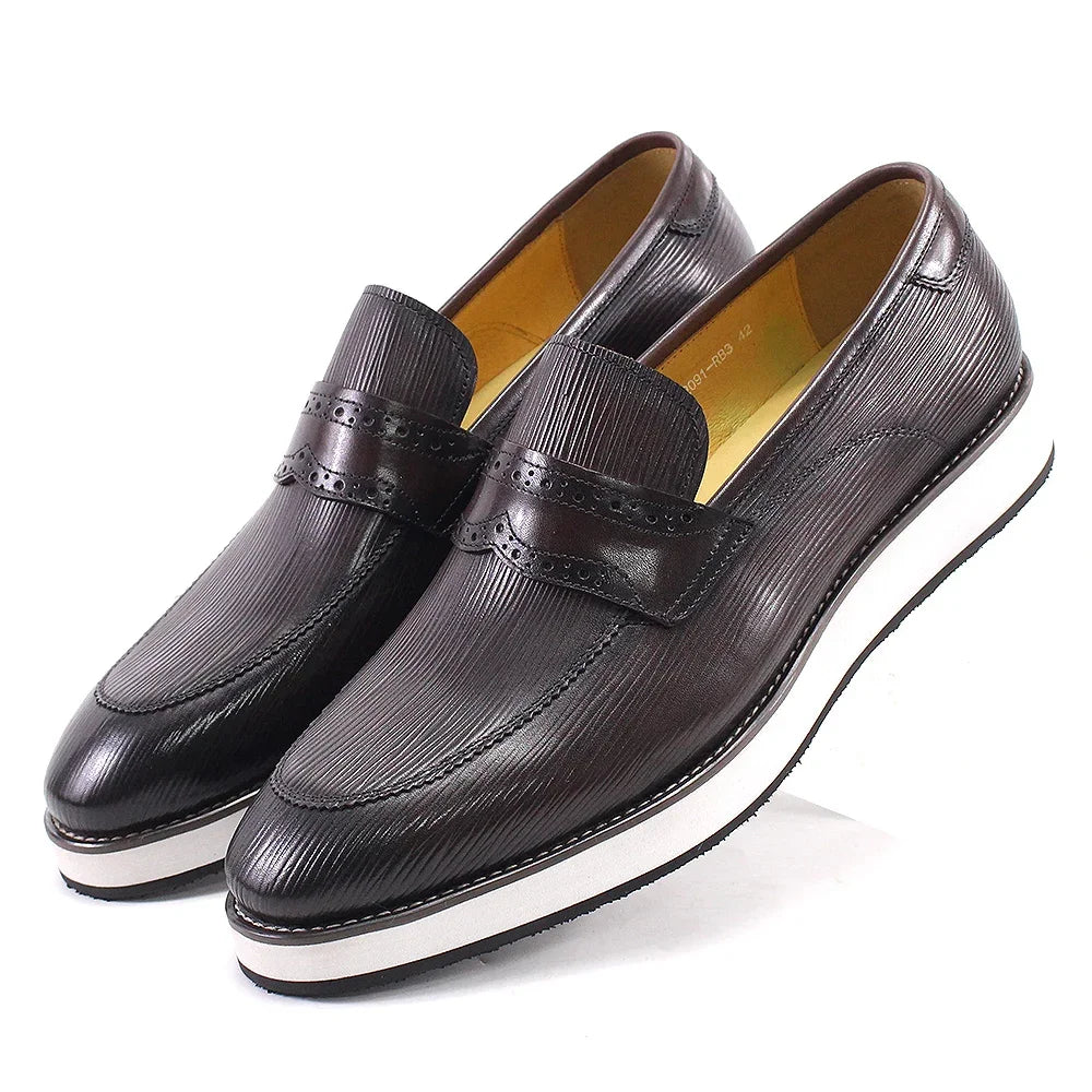 Striped Texture Genuine Leather Loafers