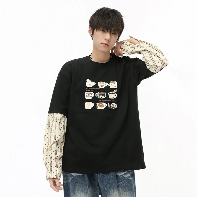 Cartoon Printing Patchwork Long Sleeve T-Shirt