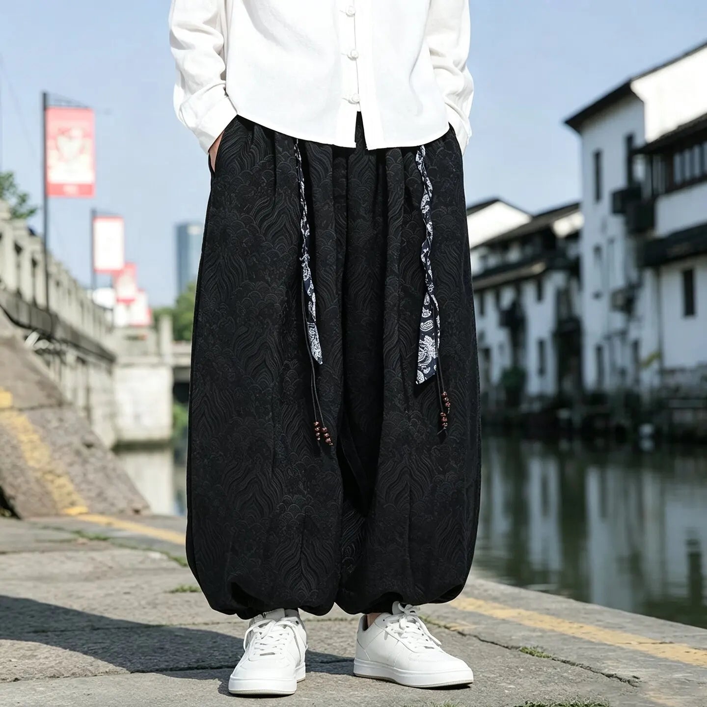 Black Geometric Pattern Loose Pants