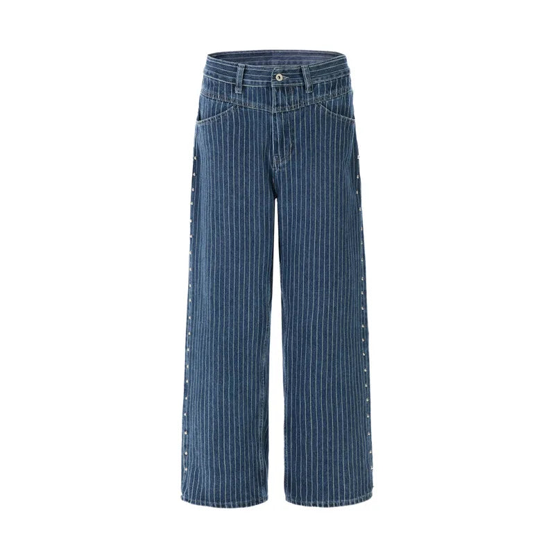 Blue Striped Side Seam Beaded Jeans