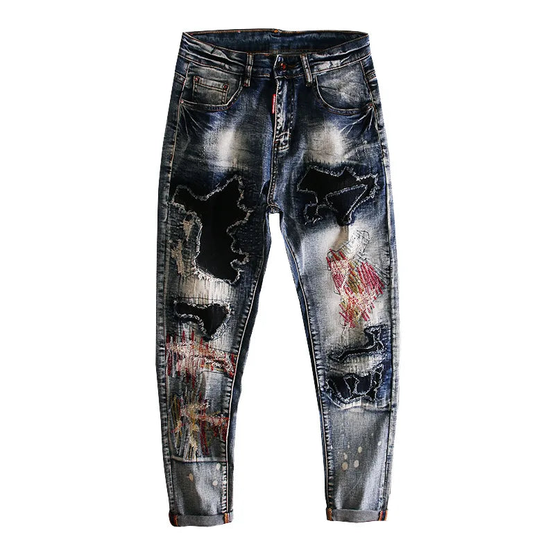 Abstract Ripped Patch Embroidered Jeans