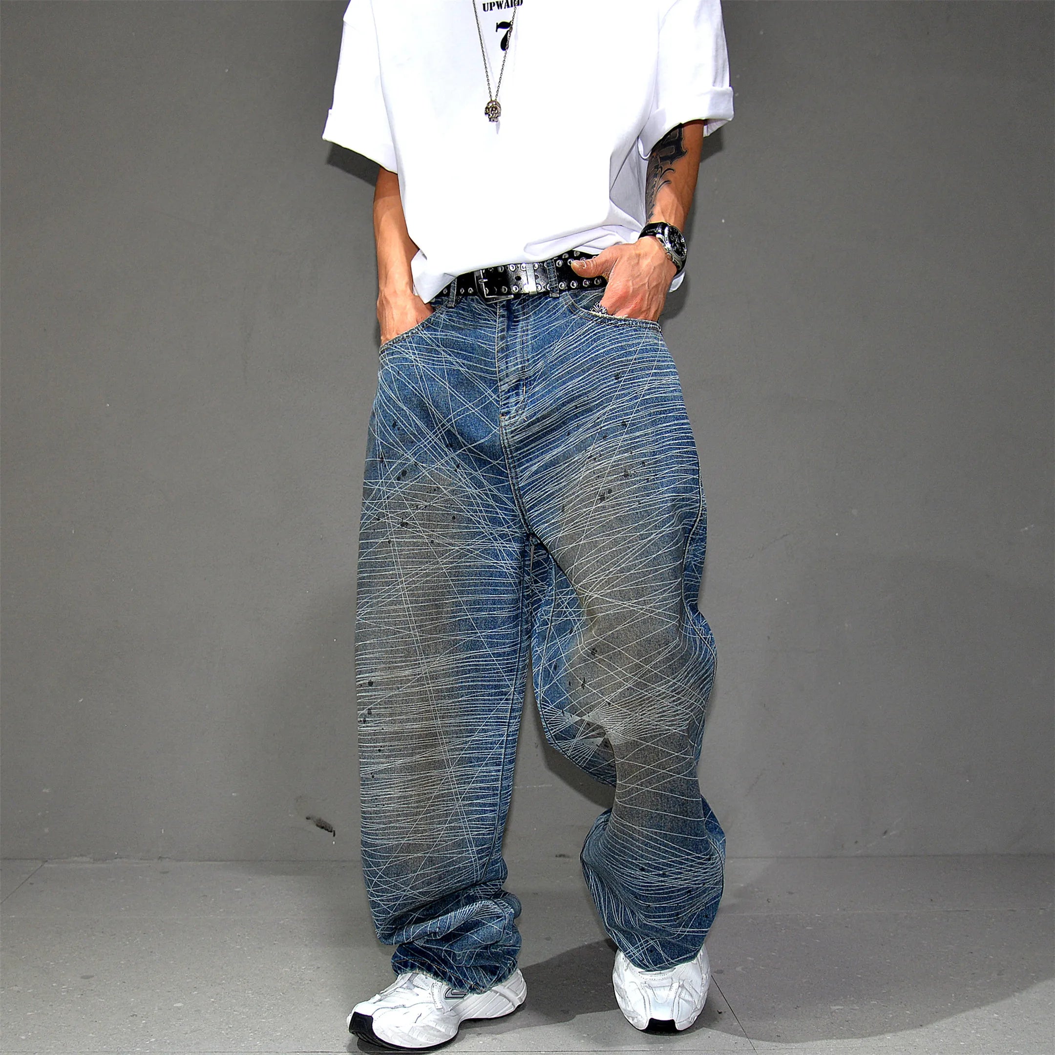 Distressed Line Paint Denim Jeans