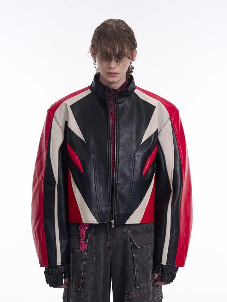 Color Block Stand Collar Racer Jacket