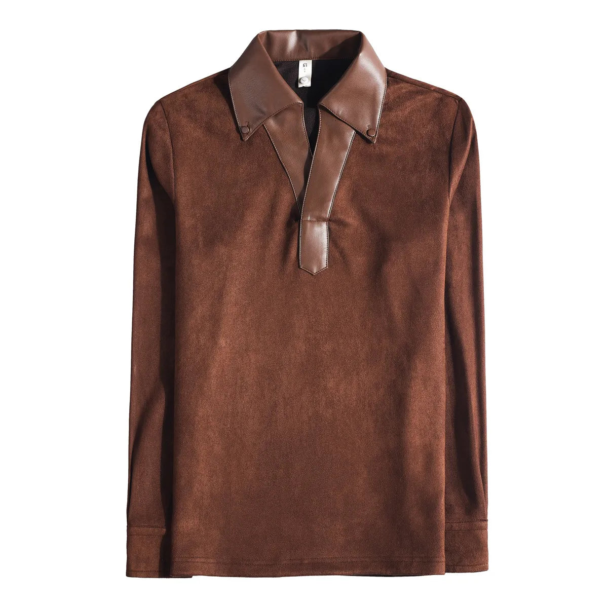 Leather Collar Long-Sleeved Polo Shirt