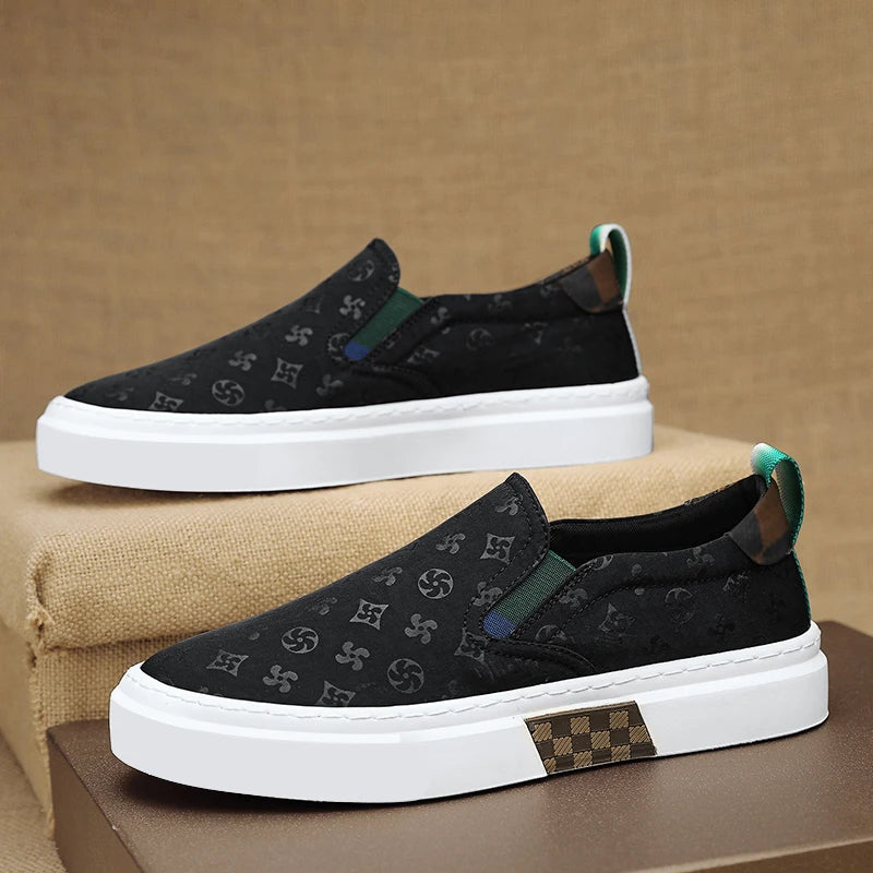 Black Geometric Pattern Slip-On Sneakers