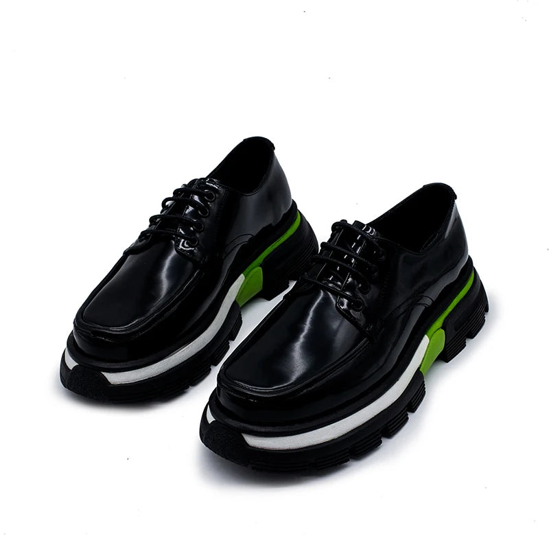 Black Green Thick Sole Leather Sneakers