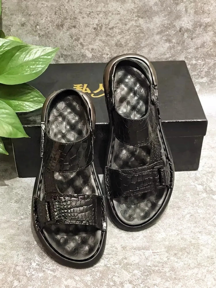 Black Crocodile Skin Leather Sandals