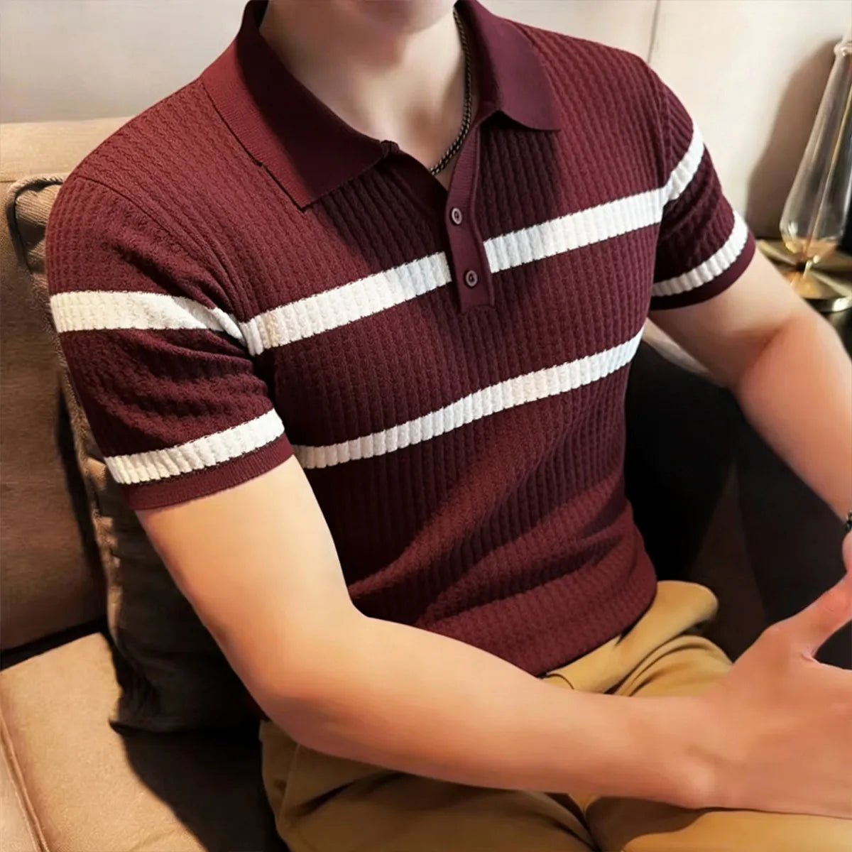 Short Sleeved Stripes Knitted Polo Shirt